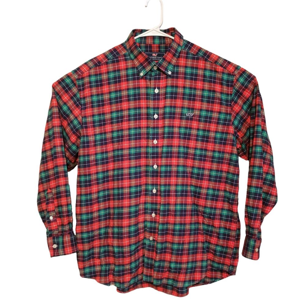 Vineyard Vines Flannel Button Up Whale Shirt Green & Red Men's XL